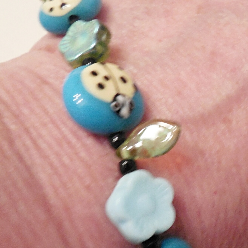 Sterling Silver Blue ceramic Lady bug bracelet - Picture 2 of 4
